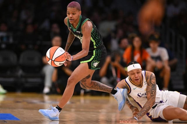 Minnesota’s Courtney Williams steals the ball from the Sparks’ Emma Cannon during the second quarter Thursday, July 10, 2025, at Crypto.com Arena. (Photo by David Crane, Los Angeles Daily News/SCNG)