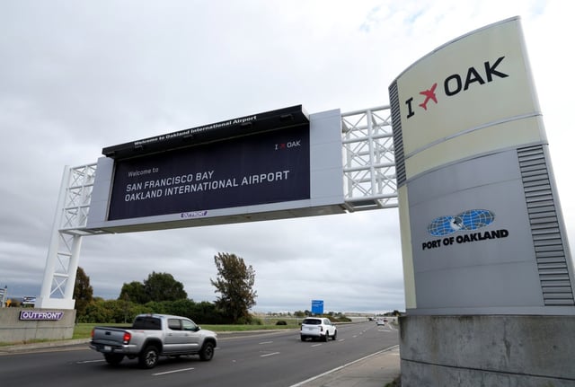 An Oakland International Airport sign at the corner of Hegenberger Road and Doolittle Drive in Oakland, Calif., on Wednesday, Nov. 13, 2024.  (Jane Tyska/Bay Area News Group)