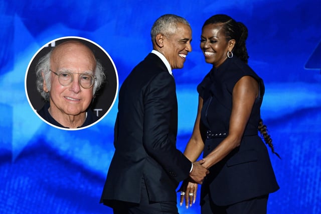 Former US President Barack Obama arrives onstage after his wife and former First Lady Michelle Obama introduced him on the second day of the Democratic National Convention (DNC) at the United Center in Chicago, Illinois, on August 20, 2024. Inset: Larry David arrives at the PaleyFest LA 2024 - &#34;Curb Your Enthusiasm&#34; at Dolby Theatre on April 18, 2024 in Hollywood, California.