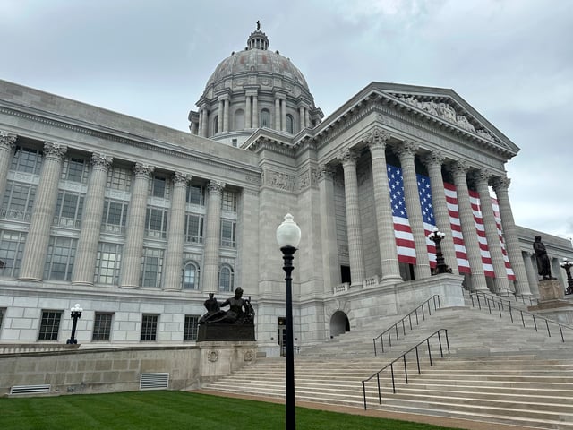 The Missouri Capitol is shown on June 30, 2025, in Jefferson City, Mo., as decorated for Independence Day celebrations. (AP Photo/David A. Lieb)