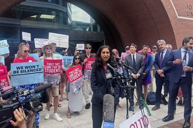 Ramya Krishnan, senior staff attorney at the Knight First Amendment Institute, speaks about a lawsuit challenging the Trump administration over deporting students and faculty who took part in pro-Palestinian demonstrations on Monday, July 7, 2025, at the federal courthouse in Boston. (AP Photo/Michael Casey)