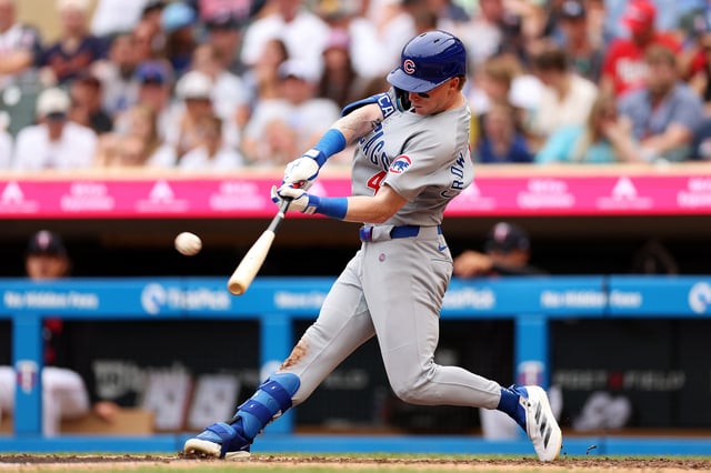 MINNEAPOLIS, MINNESOTA – JULY 10: Pete Crow-Armstrong #4 of the Chicago Cubs hits a solo home run against the Minnesota Twins in the seventh inning at Target Field on July 10, 2025 in Minneapolis, Minnesota. The Cubs defeated the Twins 8-1. (Photo by David Berding/Getty Images)
