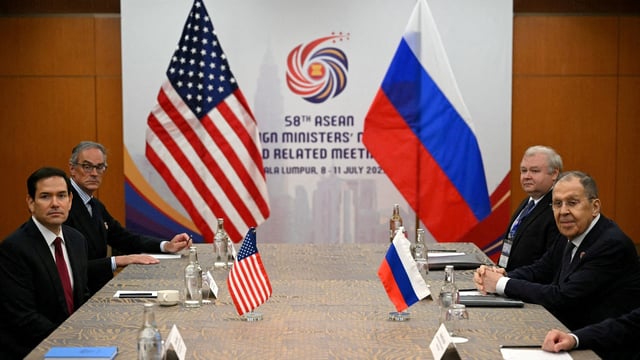 U.S. Secretary of State Marco Rubio meets with Russia's Foreign Minister Sergei Lavrov on the sidelines of the ASEAN Foreign Ministers' Meeting at the Kuala Lumpur Convention Centre in Kuala Lumpur, Malaysia.