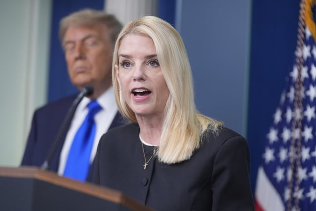 Attorney General Pam Bondi speaks to the media, Friday, June 27, 2025, in the briefing room of the White House in Washington, as President Trump looks on. (AP Photo/Manuel Ceneta)