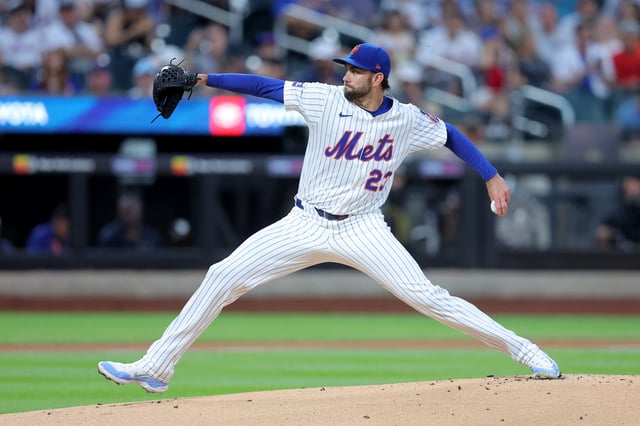 Jul 3, 2025; New York City, New York, USA; New York Mets starting pitcher David Peterson (23) pitches against the Milwaukee Brewers during the first inning at Citi Field. Mandatory Credit: Brad Penner-Imagn Images/File Photo