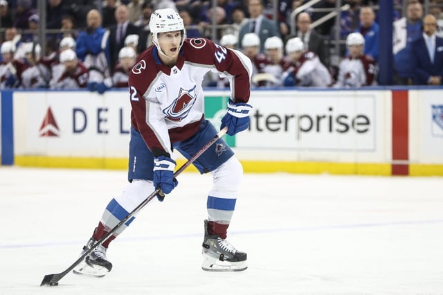 Jan 26, 2025; New York, New York, USA;  Colorado Avalanche defenseman Josh Manson (42) controls the puck in the first period against the New York Rangers at Madison Square Garden. Mandatory Credit: Wendell Cruz-Imagn Images/File Photo