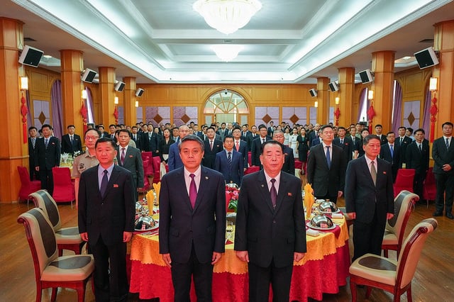 This photo from the Chinese Embassy in North Korea shows a reception marking the 64th anniversary of the signing of a mutual defense treaty between North Korea and China, held at the embassy in Pyongyang on July 9, 2025. (PHOTO NOT FOR SALE) (Yonhap)