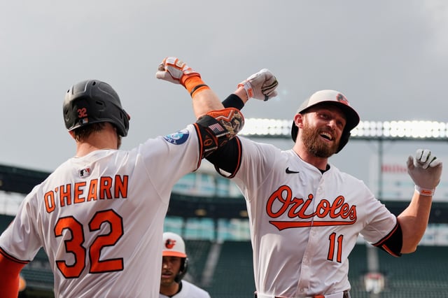 Baltimore Orioles&#39; Jordan Westburg (11) celebrates with Ryan O&#39;Hearn (32) after hitting a two-run home run during the second inning in the second baseball game of a doubleheader against the New York Mets, Thursday, July 10, 2025, in Baltimore. (AP Photo/Stephanie Scarbrough)