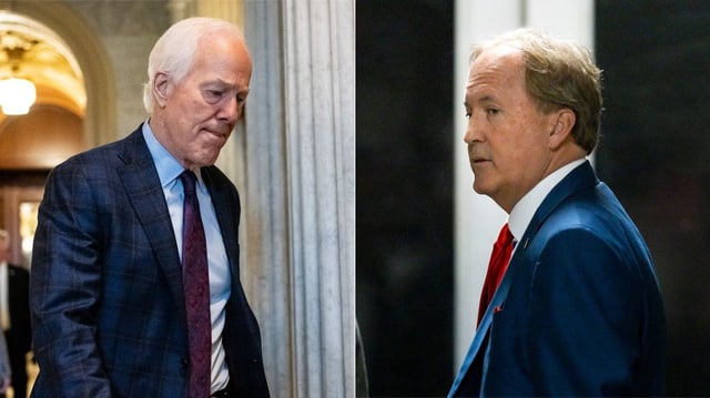 Sen. John Cornyn (left) and Texas Attorney General Ken Paxton. Photos: Graeme Sloan/Bloomberg via Getty Images (left) and Justin Lane-Pool/Getty Images