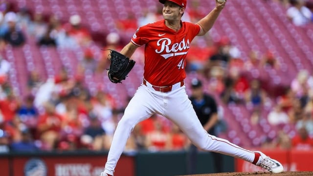 Jul 10, 2025; Cincinnati, Ohio, USA; Cincinnati Reds starting pitcher Nick Lodolo (40) pitches against the Miami Marlins in the first inning at Great American Ball Park. Mandatory Credit: Katie Stratman-Imagn Images