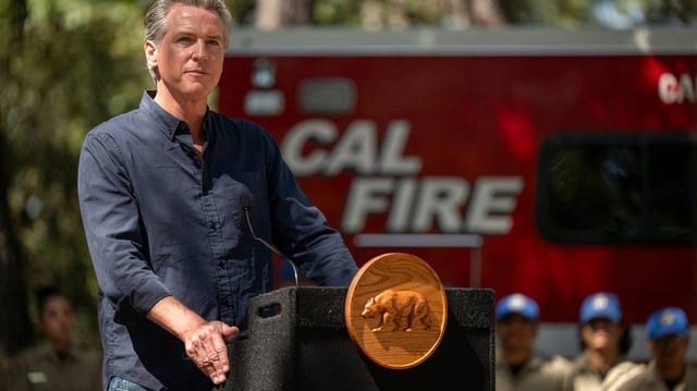 California Gov. Gavin Newsom delivers remarks in Colfax, California, about the federal government’s role in wildfire prevention on July 1, 2025. (Daniel Heuer/The Sacramento Bee/TNS)