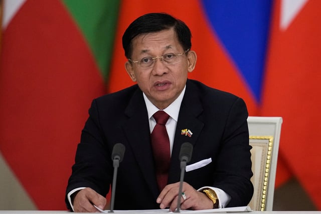 Myanmar's military chief Senior General Min Aung Hlaing attends a press conference following talks with Russia's President Vladimir Putin in Moscow, Russia, March 4, 2025. Pavel Bednyakov/Pool via REUTERS/File photo