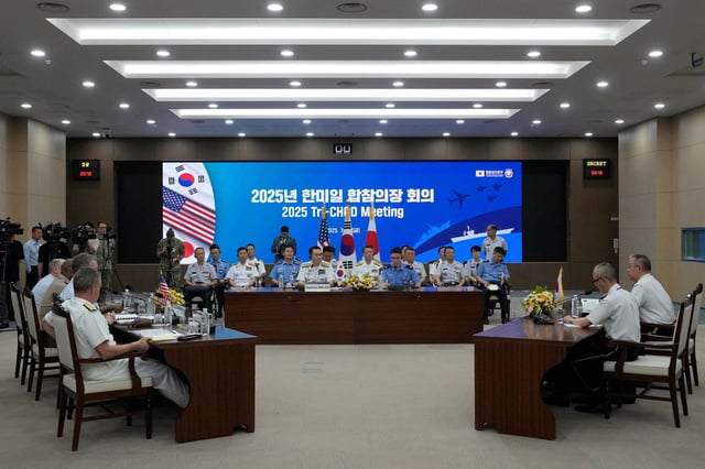Delegations of South Korea, Japan, and the U.S., attend a Trilateral Chiefs of Defense meeting at the Defense Ministry in Seoul, South Korea, Friday, July 11, 2025.     Ahn Young-joon/Pool via REUTERS