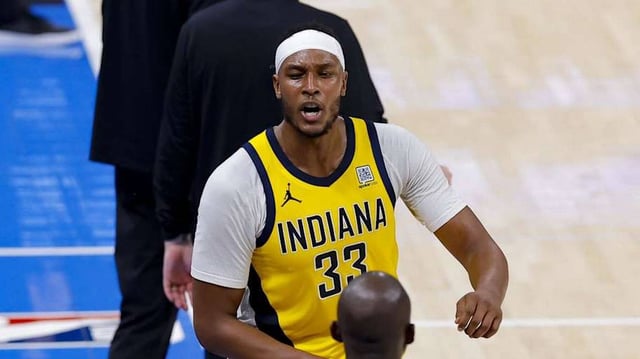 Myles Turner, now a member of the Bucks, reacts during the 2025 NBA Finals.