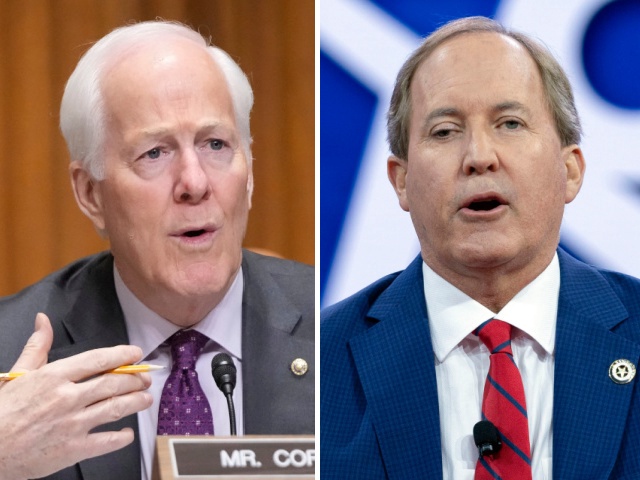 Sen. John Cornyn, R-Texas questions U.S. Trade Representative Jamieson Greer as he testifies before the Senate Finance Committee on Capitol Hill in Washington, Tuesday, April 8, 2025. (AP Photo/Mark Schiefelbein) / Texas Attorney General Ken Paxton speaks during the Conservative Political Action Conference, CPAC 2024, at the National Harbor, in Oxon Hill, Md., Friday , Feb. 23, 2024. (AP Photo/Jose Luis Magana)