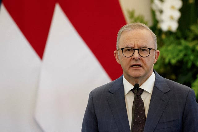 Australia's Prime Minister Anthony Albanese speaks during a press conference with Indonesian President Prabowo Subianto (not pictured) at the Merdeka Palace in Jakarta, Indonesia May 15, 2025. REUTERS/Ajeng Dinar Ulfiana//File Photo