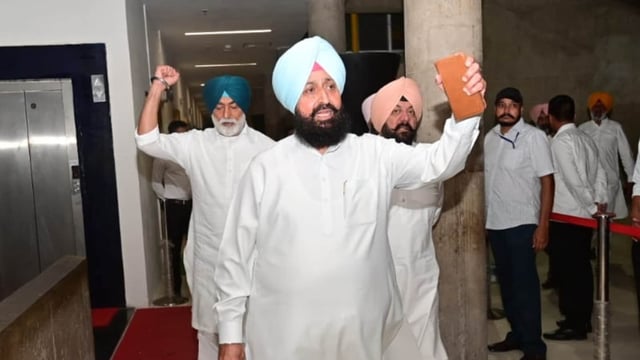 Punjab's Leader of Opposition Partap Singh Bajwa and other Congress MLAs walk out on second day of a special assembly session, in Chandigarh on Friday.