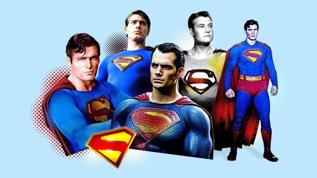 David Corenswet, right, is the latest to don the cape for the big screen after, from left, Christopher Reeve, Brandon Routh, Henry Cavill and Kirk Alyn