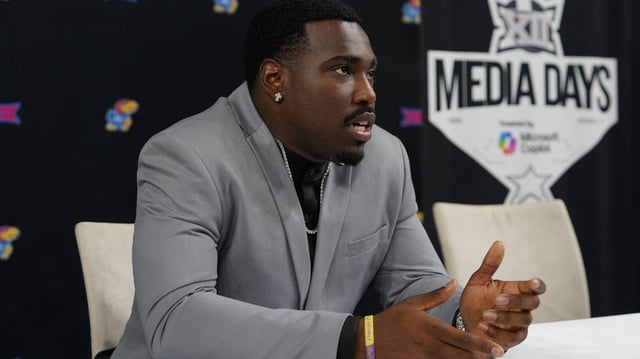 Jul 9, 2025; Frisco, TX, USA; Kansas quarterback Jalon Daniels speaks with the media during 2025 Big 12 Football Media Days at The Star.