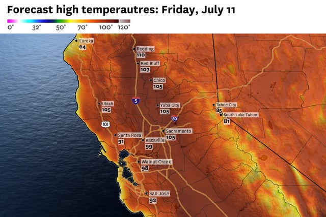 Friday is forecast to be the hottest day since last July in much of the Sacramento Valley, with temperatures up to 110 degrees around Redding. The interior Bay Area will be relatively cooler, in the 90s.