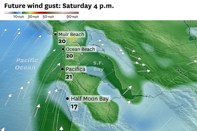 Southwesterly winds Saturday should help blow cooler air into the Bay Area and clean out the wildfire smoke.