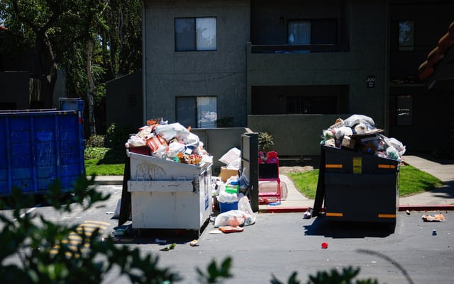 Trash is piled up outside an apartment complex in Union City, Calif., on Thursday, July 10, 2025. Sanitation workers halted garbage pickup across the Bay Area this week as part of a larger ongoing Teamsters union strike effort happening throughout the US. (Shae Hammond/Bay Area News Group)