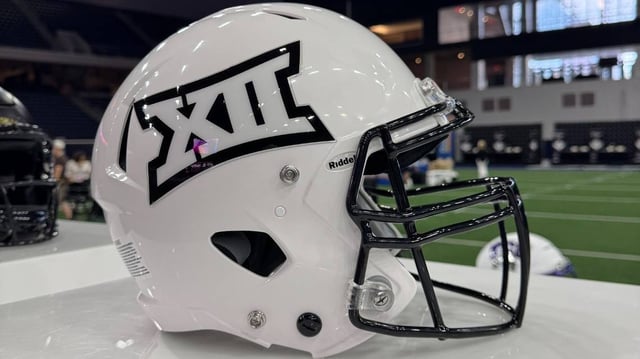 A Big 12 football helmet was in the middle of The Star in Frisco, Texas at Media Days