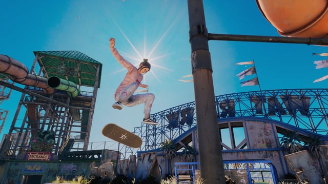 Player doing a kickflip in the waterpark map in Tony Hawk Pro Skater 3 + 4