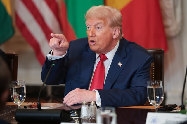 President Donald Trump answers questions during a multilateral lunch with African leaders in the State Dining Room of the White House July 9, 2025 in Washington, DC.