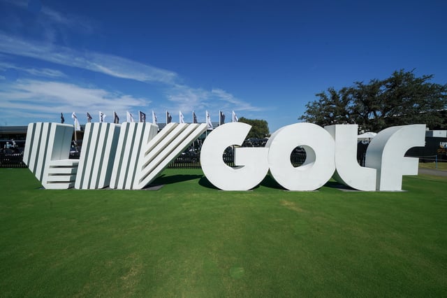 Jun 28, 2025; Carrollton, Texas, USA; The LIV Golf logo near the first tee during the second round of the LIV Golf Dallas golf tournament at Maridoe Golf Club. Mandatory Credit: Raymond Carlin III-Imagn Images/File Photo
