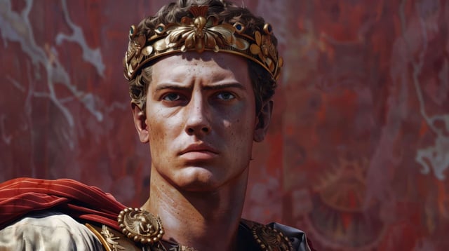 AI-generated conceptual portrait of Emperor Caligula wearing a golden laurel wreath and red toga in front of an ancient mural. (© Anna - stock.adobe.com)