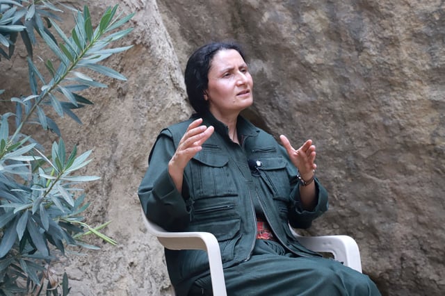 Bese Hozat, the co-chair of the Kurdistan Workers' Party (PKK)'s executive committee, speaks in Sulaymaniyah, in Iraq's autonomous Kurdistan region, on Friday.