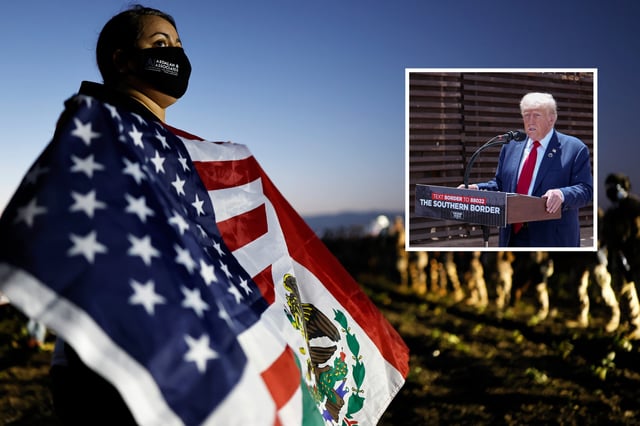 A demonstrator waves an American-Mexican flag near National Guard members and federal agents blocking protestors during an ICE immigration raid at a nearby licensed cannabis farm on July 10, 2025 near Camarillo, California. Inset: President Donald Trump at the U.S.-Mexico border in Montezuma Pass, Arizona, August 22, 2024.