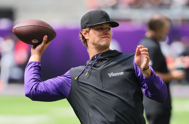 J.J. McCarthy #9 of the Minnesota Vikings warms up before the pre-season game against Las Vegas Raiders at U.S. Bank Stadium on August 10, 2024 in Minneapolis, Minnesota.