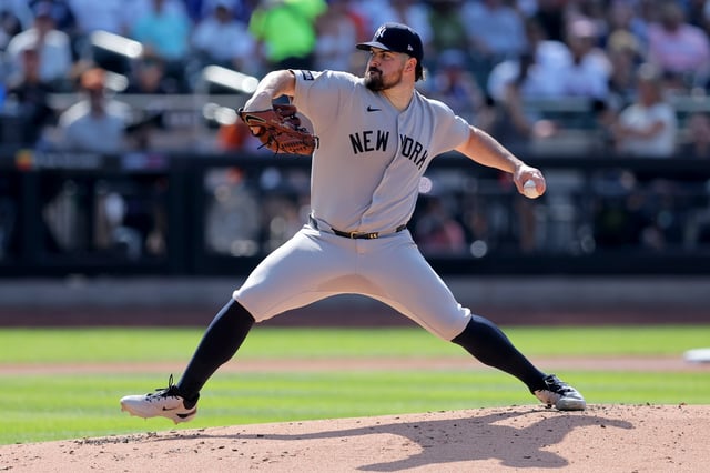 Jul 5, 2025; New York City, New York, USA; New York Yankees starting pitcher Carlos Rodon (55) pitches against the New York Mets during the first inning at Citi Field. Mandatory Credit: Brad Penner-Imagn Images/File Photo