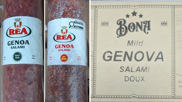 Labels from Rea brand Genoa Salami Sweet, Rea brand Genoa Salami Hot and Bona brand Mild Genova Salami are seen in this June 10, 2025, composite of handout images. 