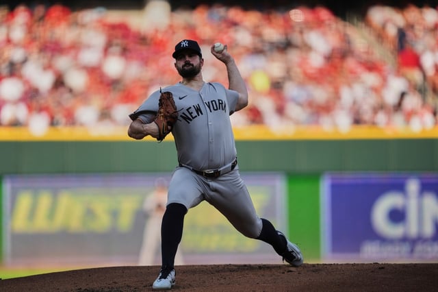New York Yankees starting pitcher Carlos Rodón delivers during the first inning of a baseball game against the Cincinnati Reds, Tuesday, June 24, 2025, in Cincinnati. (AP Photo/Joshua A. Bickel)