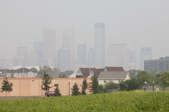 A stock photo of poor air quality in Minneapolis amid thick wildfire smoke from Canadian wildfires.