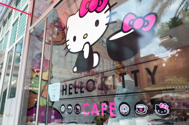 Facade of the Hello Kitty Cafe, a newly opened cafe operated by Japanese company Sanrio, on Santana Row in the Silicon Valley, San Jose, California, July 18, 2018. (Photo by Smith Collection/Gado/Getty Images)
