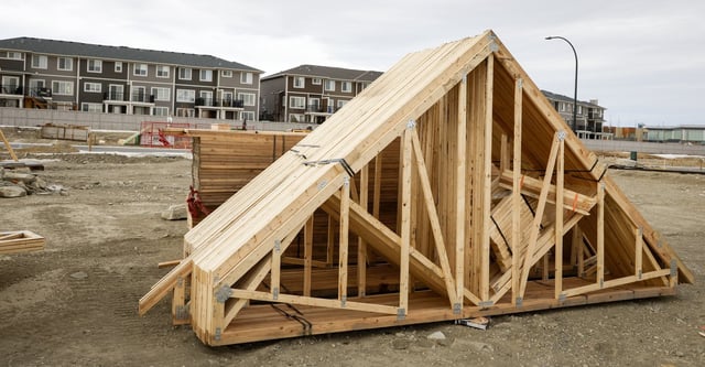 Roof trusses ready for use on housing project in Airdrie, Alta., Friday, Jan. 28, 2022. THE CANADIAN PRESS/Jeff McIntosh