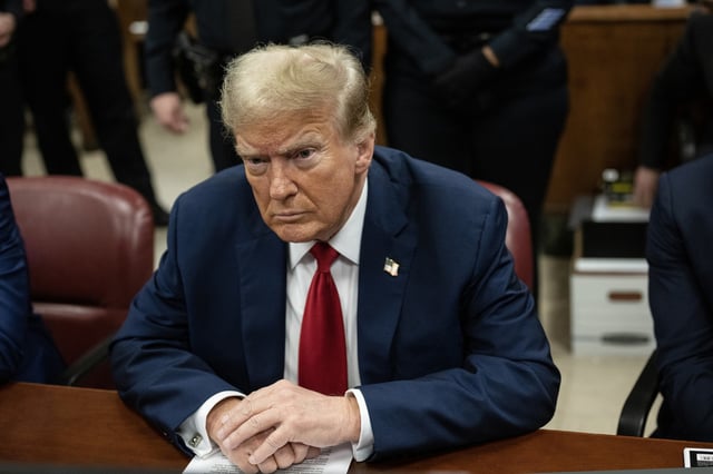 President Donald Trump appears in court during his trial for allegedly covering up hush money payments at Manhattan Criminal Court on May 16, 2024 in New York City. 