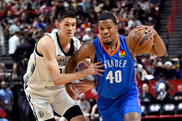 Oklahoma City Thunder guard Chris Youngblood (40) handles the ball against Brooklyn Nets guard Egor Dëmin (8) during the first half of an NBA summer league basketball game Thursday, July 10, 2025, in Las Vegas. (AP Photo/David Becker)