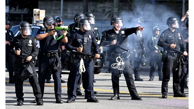 LAPD officers prepare to push back protesters along First Street during a ‘No Kings’ protest in Los Angeles on Saturday, June 14, 2025. (File photo by Keith Birmingham, Orange County Register/ SCNG)