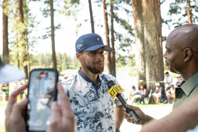 NBA player Steph Curry speaks during an interview with “Entertainment Tonight” co-host Kevin Frazier at the second practice round at the ACC Celebrity Golf Championship 2025 presented by American Century Investments at Edgewood Tahoe Golf Course on July 10, 2025, in Stateline, Nev.