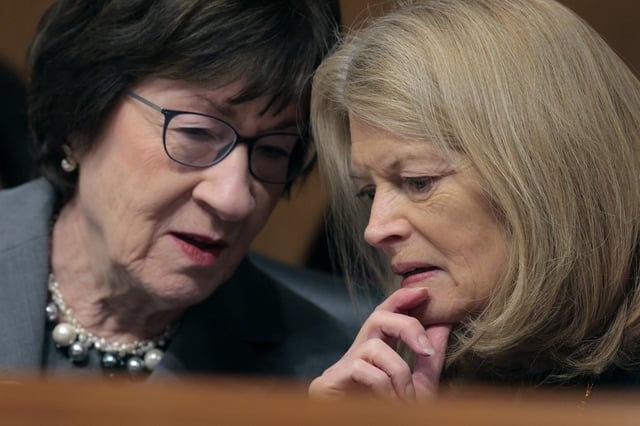 enate Health, Education, Labor and Pensions Committee members Sen. Susan Collins (R-ME) (L) and Sen. Lisa Murkowski (R-AK) talk during the confirmation hearing for Lori Chavez-DeRemer, President Donald Trump’s pick to lead the Labor Department, in the Dirksen Senate Office Building on Capitol Hill on February 19, 2025 in Washington, DC.