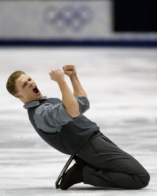Canadian David Pelletier yells out after completing his Pairs Free Skating with Jamie Sale (not shown) in Salt Lake City, Utah Monday Feb. 11, at the 2002 Winter Olympics. They won a Silver medal for their skate.
