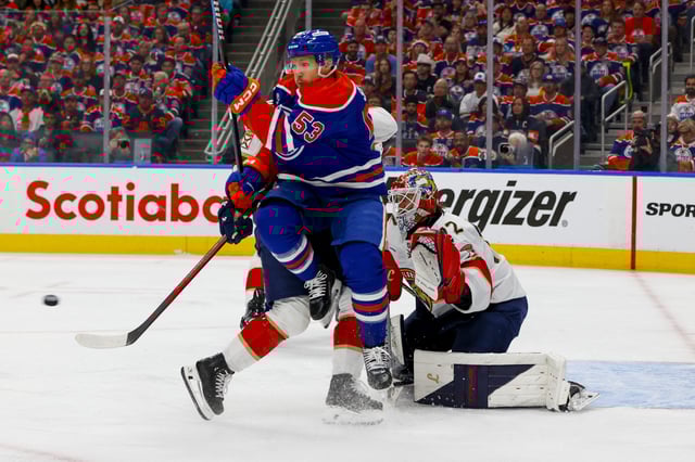 Jun 14, 2025; Edmonton, Alberta, CAN; Edmonton Oilers center Jeff Skinner (53) screens Florida Panthers goaltender Sergei Bobrovsky (72) during the third period in game five of the 2025 Stanley Cup Final at Rogers Place. Mandatory Credit: Perry Nelson-Imagn Images/File Photo