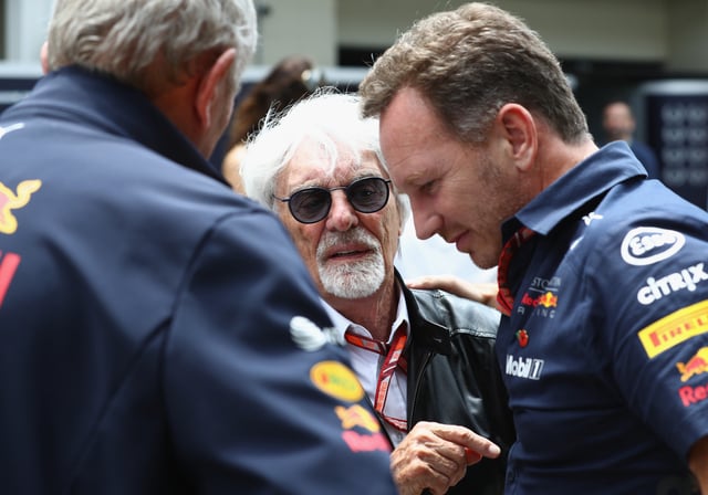 Red Bull Racing Team Principal Christian Horner talks with Bernie Ecclestone, Chairman Emeritus of the Formula One Group, and Red Bull Racing Team Consultant Dr Helmut Marko before the Formula One Grand Prix of Brazil at Autodromo Jose Carlos Pace on November 11, 2018 in Sao Paulo, Brazil.