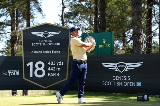 Chris Gotterup of the United States tees off on the 18th hole on day two of the Genesis Scottish Open 2025 at The Renaissance Club on July 11, 2025 in North Berwick, Scotland.