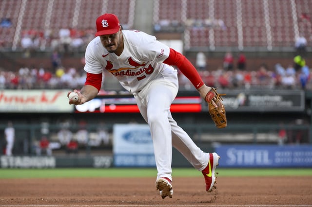 Jun 24, 2025; St. Louis, Missouri, USA;  St. Louis Cardinals third baseman Nolan Arenado (28) fields a ground ball against the Chicago Cubs during the fifth inning at Busch Stadium. Jeff Curry-Imagn Images/File Photo
